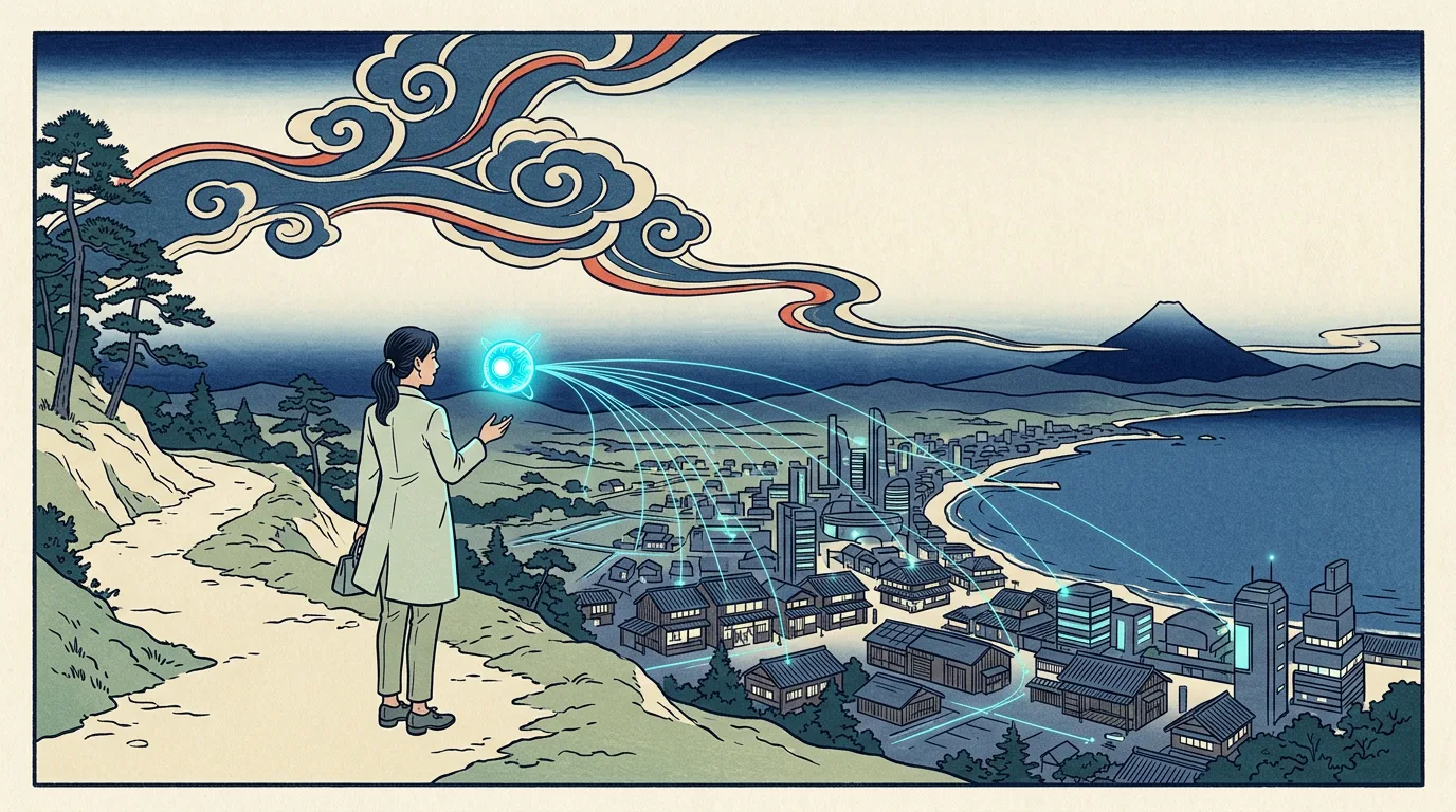 一位專業人士在山徑上向漂浮的 AI 光球提問，光線從光球延伸到城鎮裡的許多商家與建築